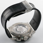 Wrist Flex Timepieces Hublot Classic Fusion Aerofusion titanium watch case back with black alligator leather strap