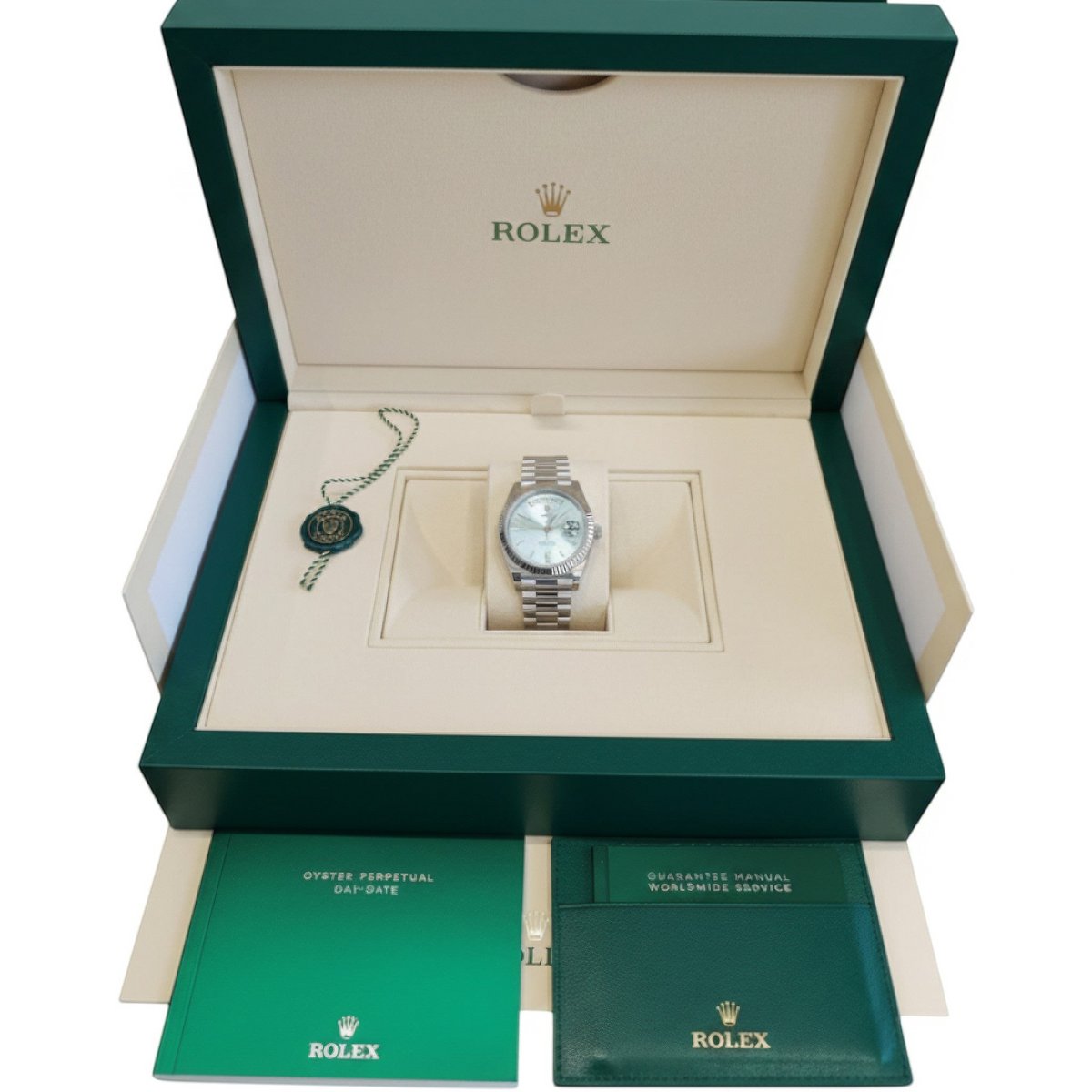 Wrist Flex Timepieces Rolex Day-Date with ice-blue dial and diamond markers in original green presentation box