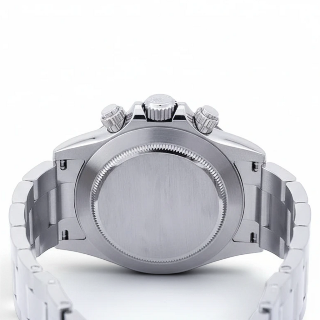 Wrist Flex Timepieces Rolex Daytona 116500LN stainless steel watch case back view with Oyster bracelet