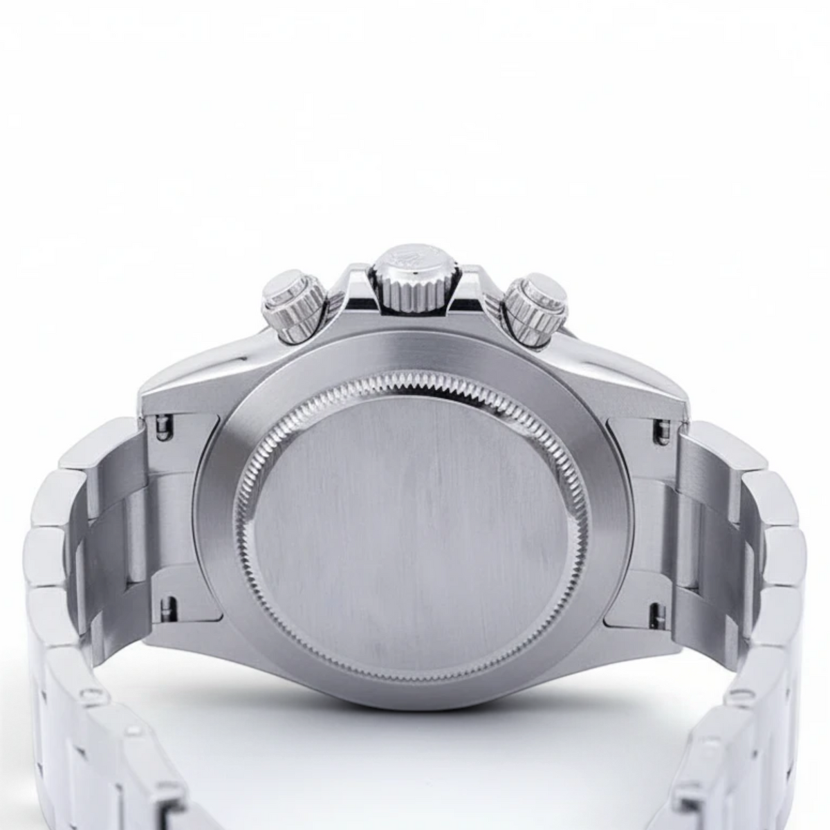 Wrist Flex Timepieces Rolex Daytona 116500LN stainless steel watch case back view with Oyster bracelet