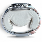 Wrist Flex Timepieces Rolex Daytona 116500LN stainless steel watch case and Oyster bracelet on a white display cushion