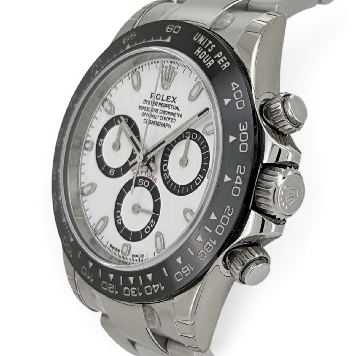 Wrist Flex Timepieces Rolex Cosmograph Daytona with white dial, black sub-dials, and black ceramic bezel on steel case.