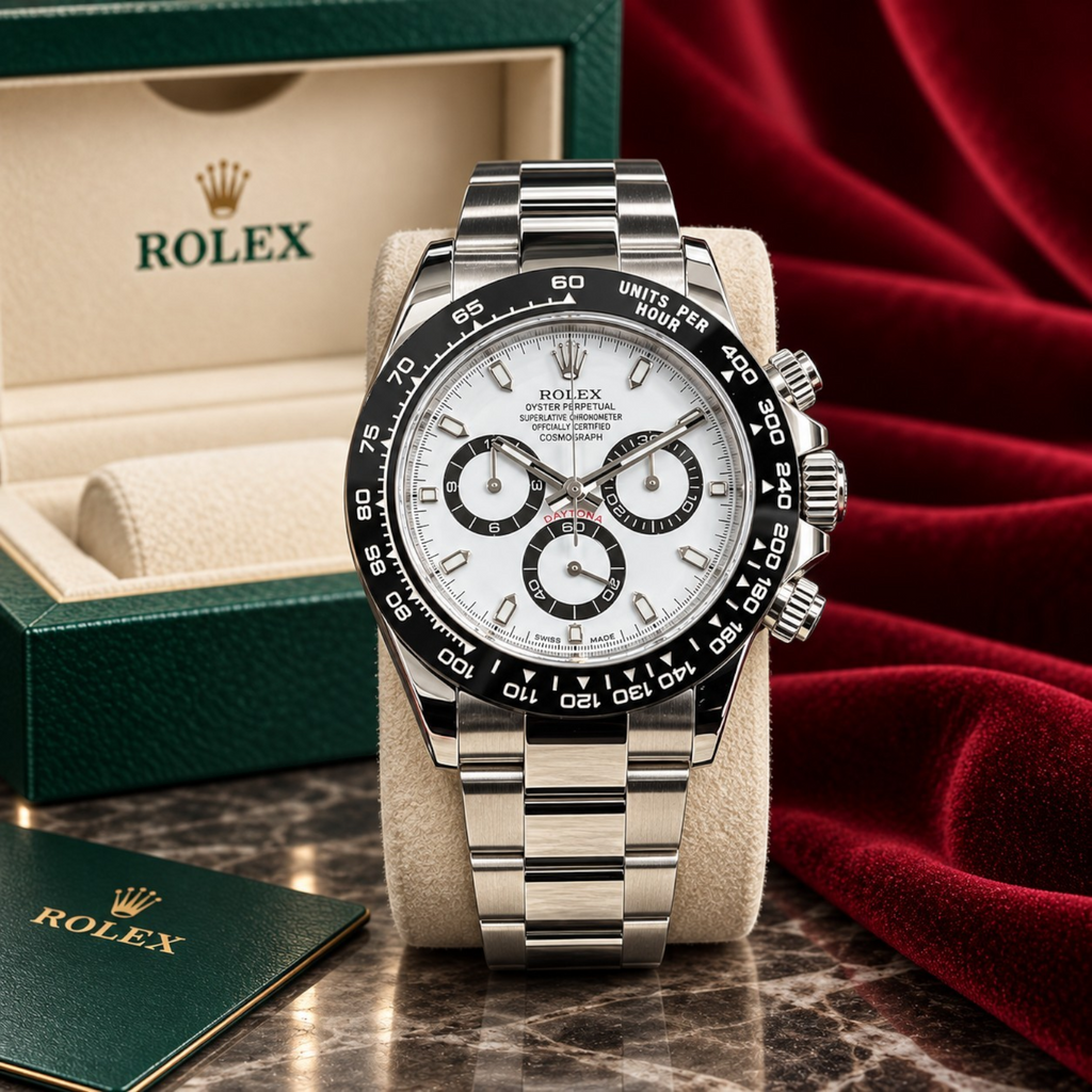 Wrist Flex Timepieces Rolex Daytona 116500LN with white dial, black sub-dials, and ceramic bezel in a full set box.