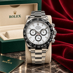 Wrist Flex Timepieces Rolex Daytona 116500LN with white dial, black sub-dials, and ceramic bezel in a full set box.