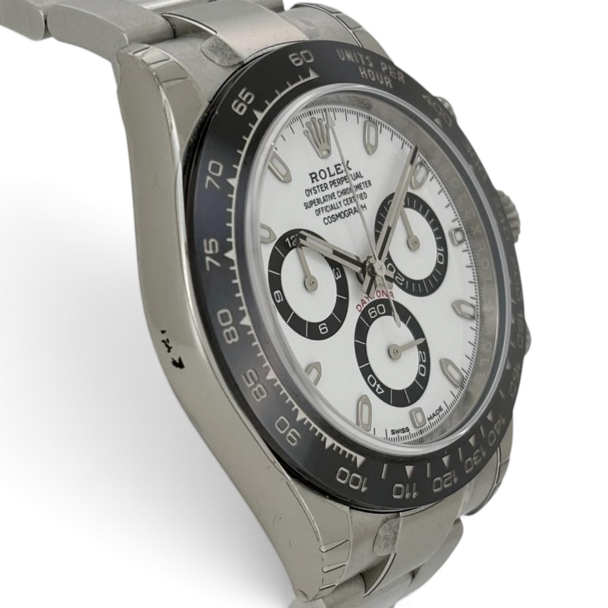 Wrist Flex Timepieces Rolex Daytona 116500LN watch with white dial, black sub-dials, and ceramic bezel on steel bracelet
