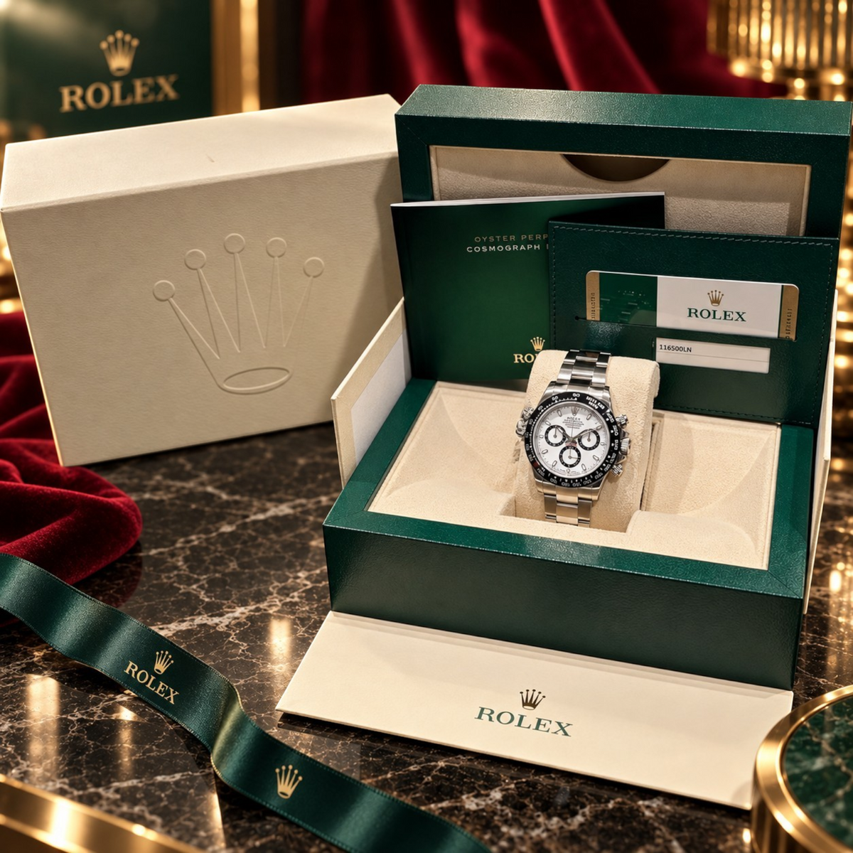 Wrist Flex Timepieces Rolex Cosmograph Daytona 116500LN with white dial and black bezel in original presentation box